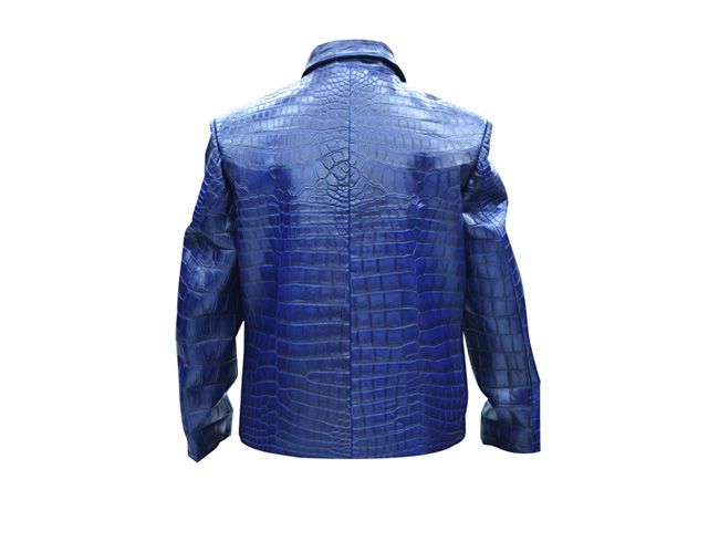 Jaqueta de couro de crocodilo masculina em azul, vista de trás